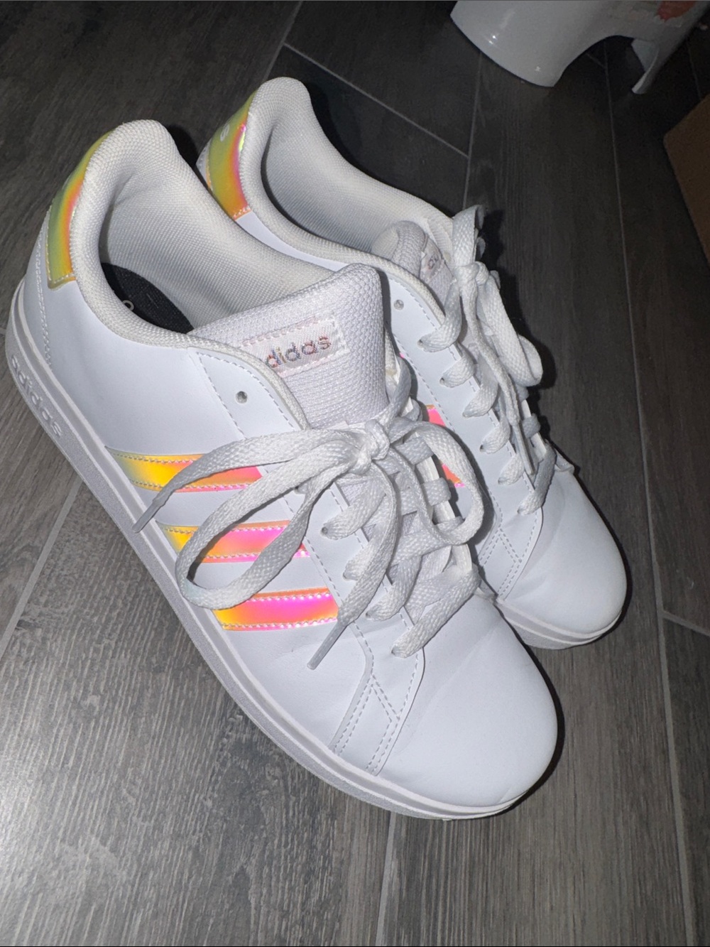 adidas Kids White Sneakers with Iridescent Pink and Yellow Stripes